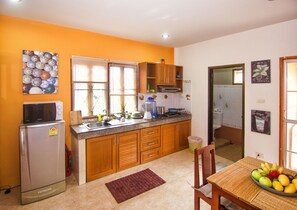 Fridge, microwave, electric kettle, rice cooker