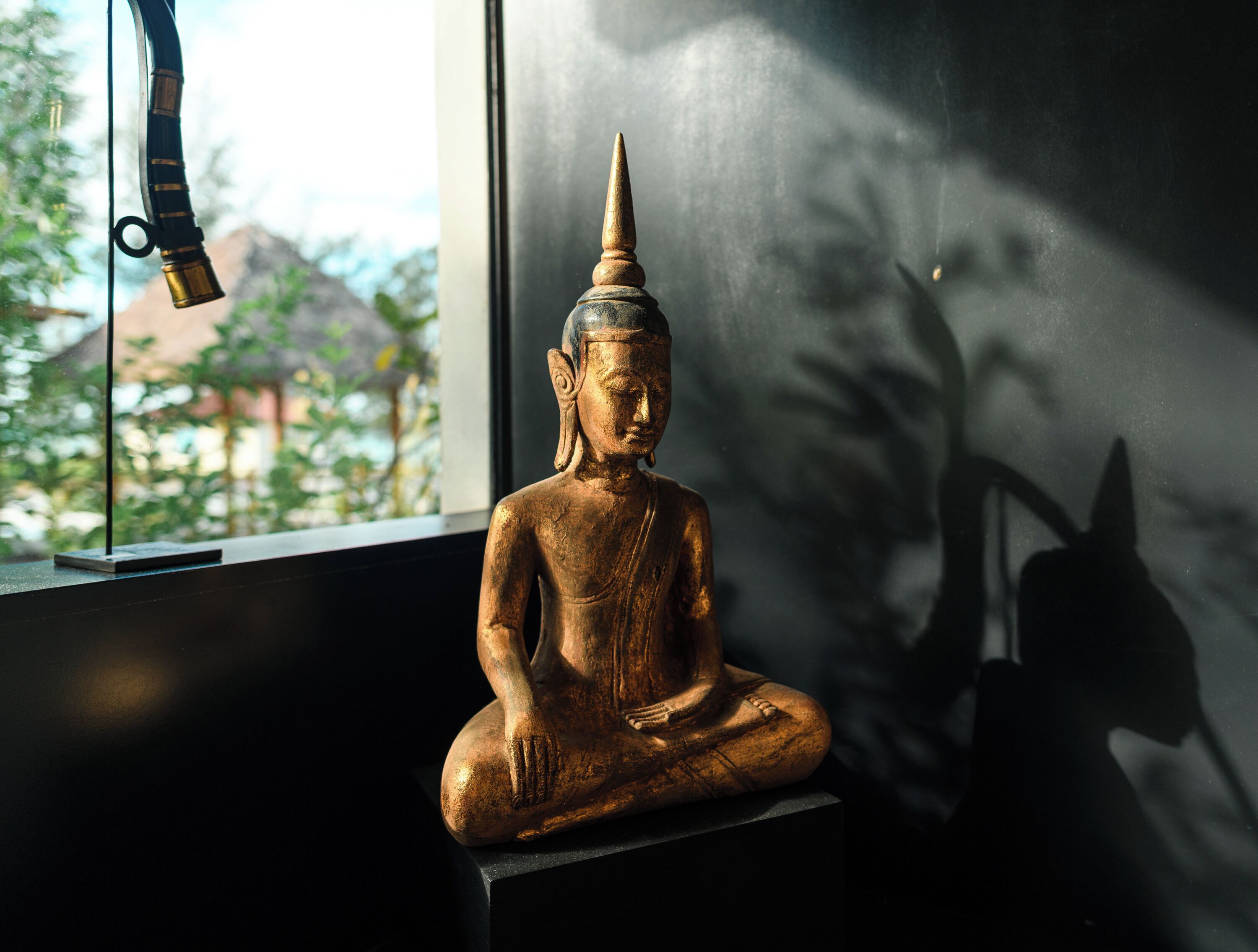 A wooden Buddha statue in a meditative pose, placed on a pedestal by a window with a view of greenery and mountains.