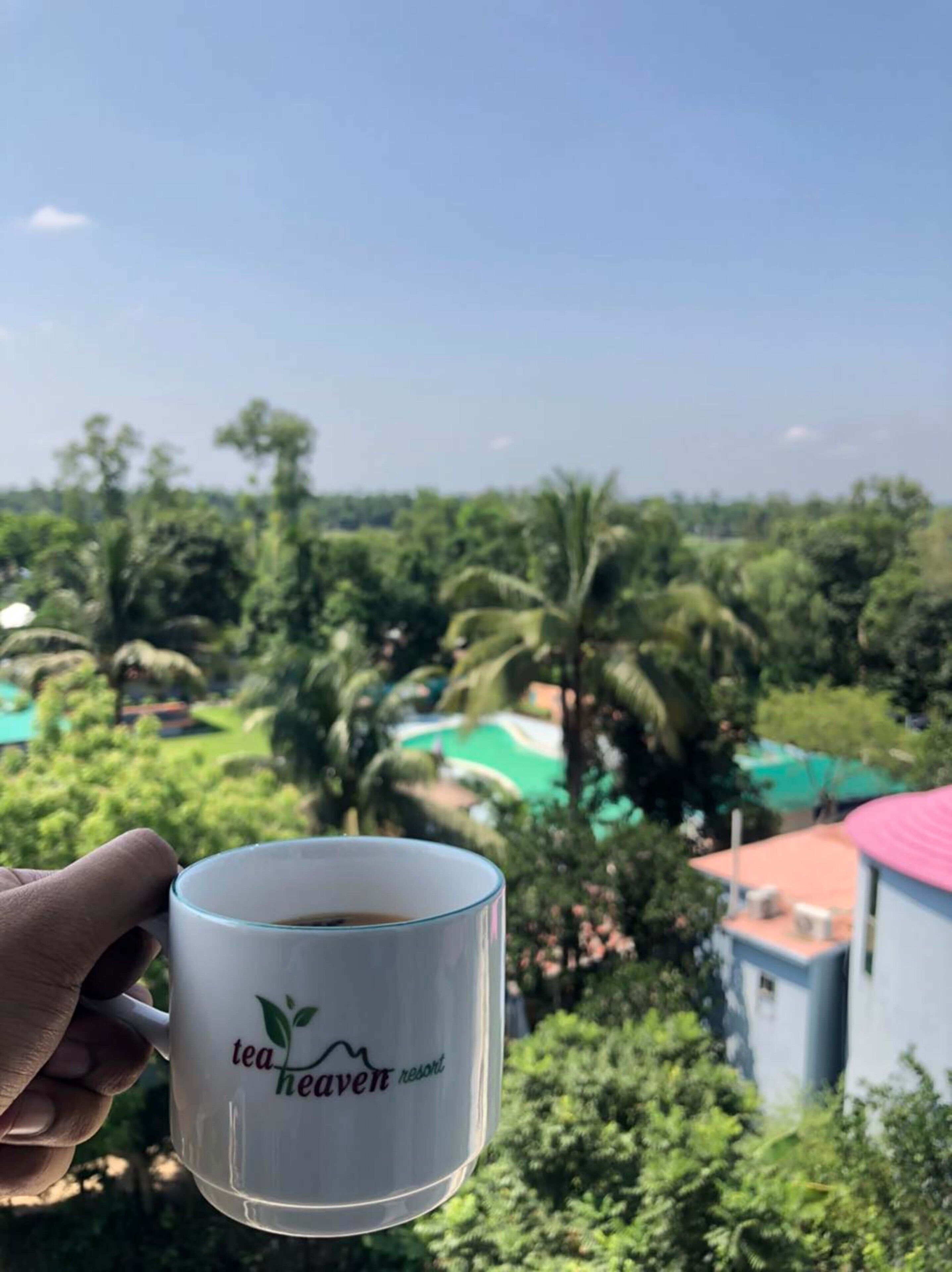 Una mano sosteniendo una taza con el texto 'tea heaven resort', con vistas a un paisaje exuberante con vegetación y edificios.