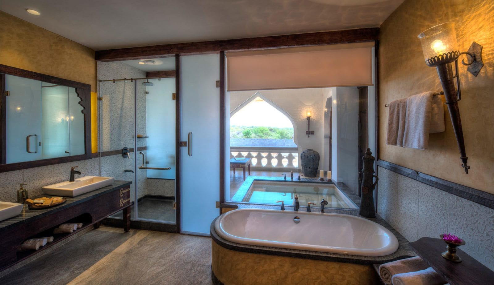 separate bathtub and shower, free toiletries, hair dryer, bathrobes