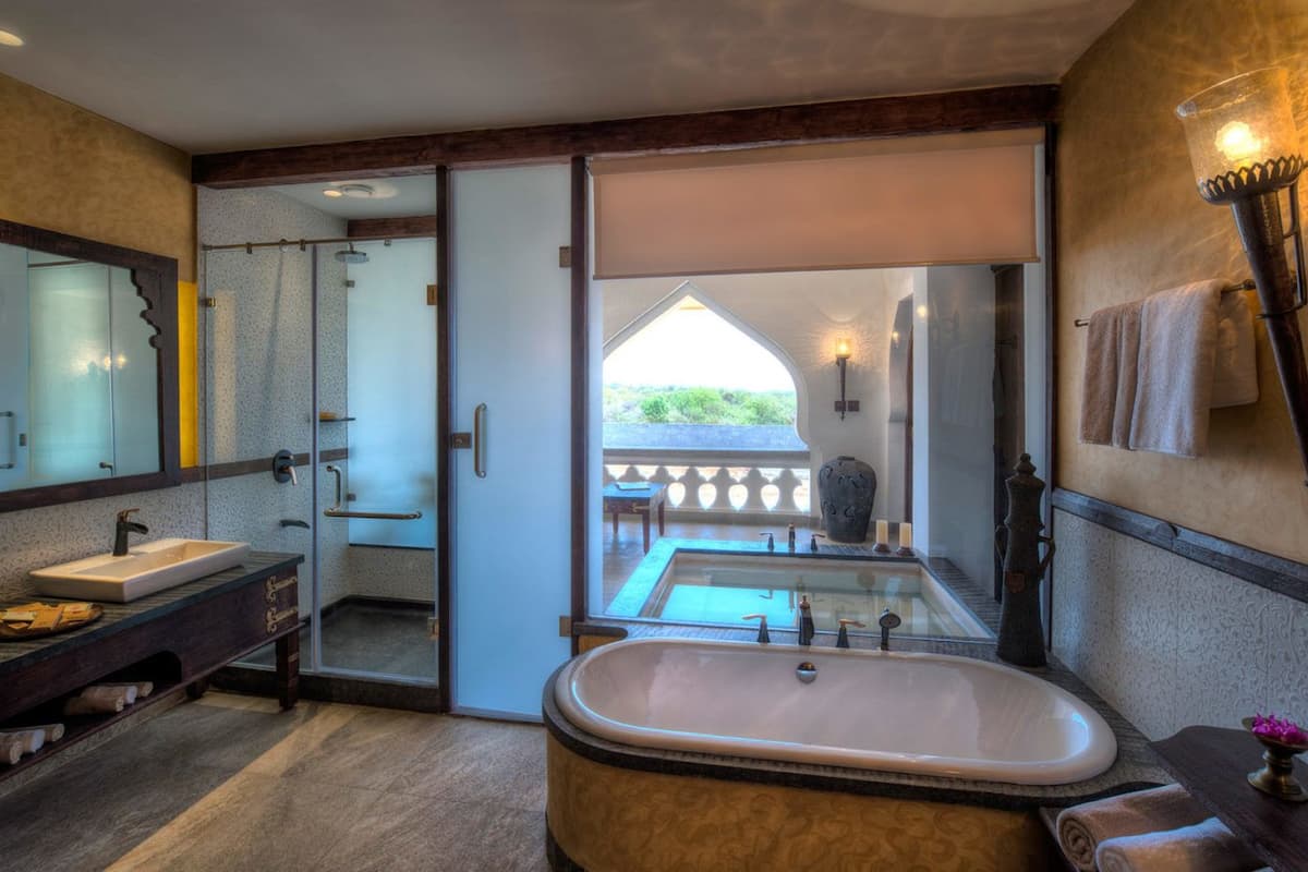 separate bathtub and shower, free toiletries, hair dryer, bathrobes