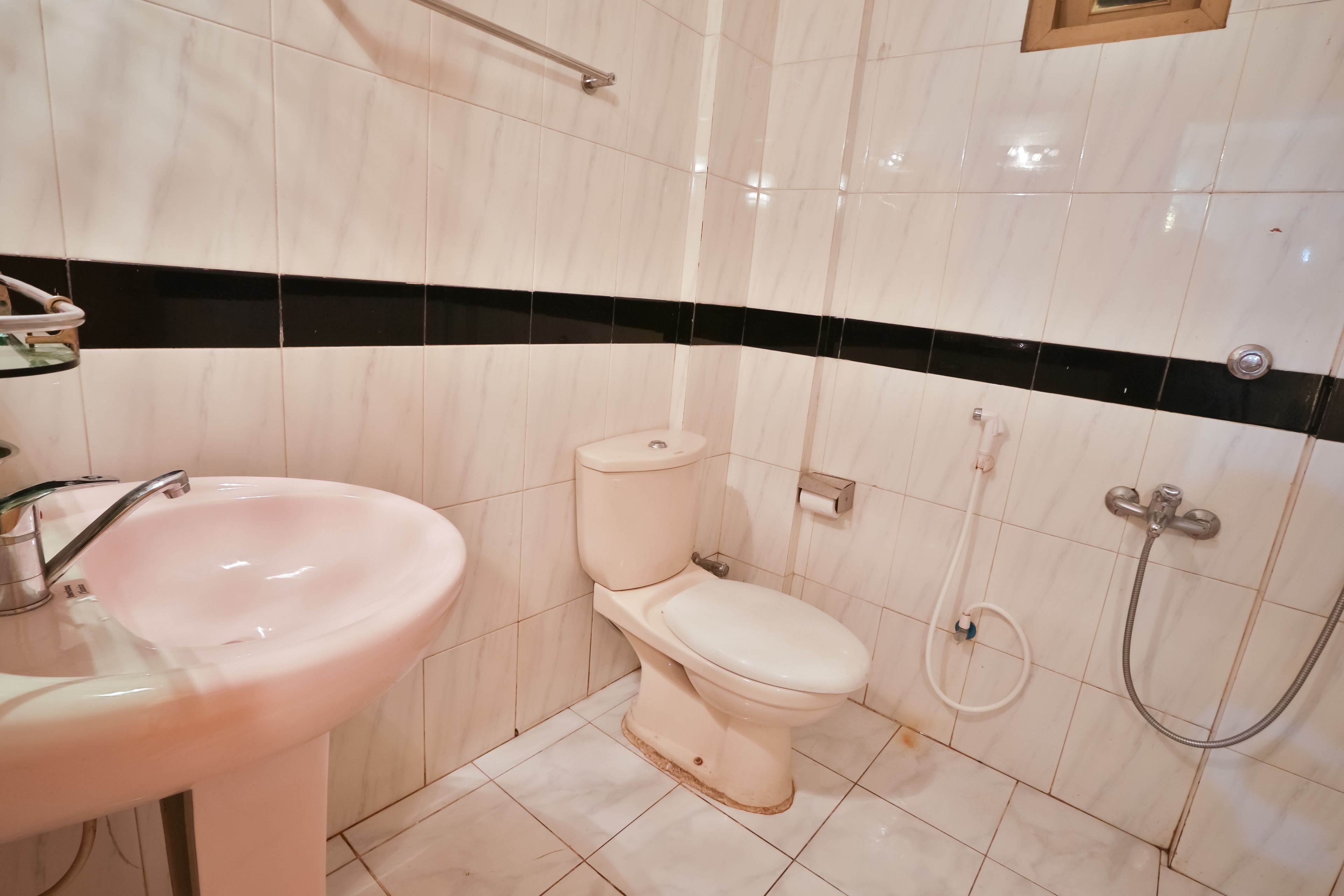 A bathroom with a white sink, toilet, and a shower with a handheld showerhead.