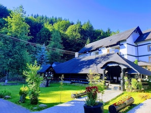 A traditional chalet with a steep roof, surrounded by lush greenery and a well-maintained garden. - Casa Octavian (Sucevita)