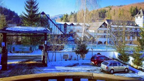 A snow-covered village with traditional wooden houses, a wooden bridge, and a clear blue sky. - Casa Octavian (Sucevita)