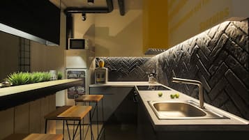 Fridge, microwave, electric kettle