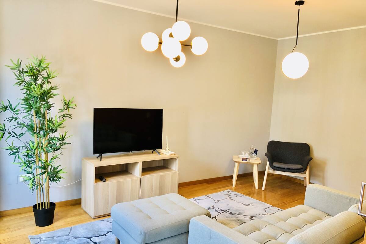 A modern living room with a flat-screen TV, a black chair, a small side table, and a potted plant.