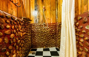 Beachfront Bungalow with Fan | Bathroom | Shower, free toiletries, towels - White Beach Bungalows (Koh Rong)