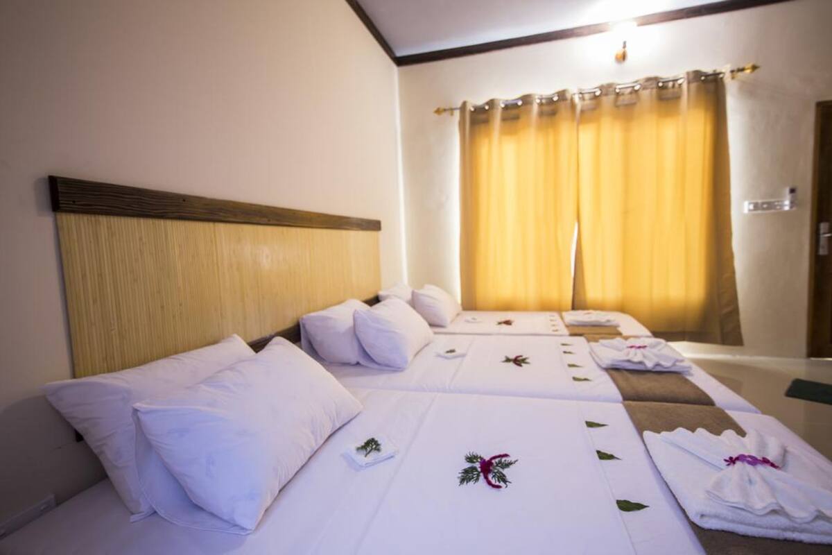 Habitación de hotel con dos camas, cada una con ropa blanca y almohadas, y cabeceros de madera.