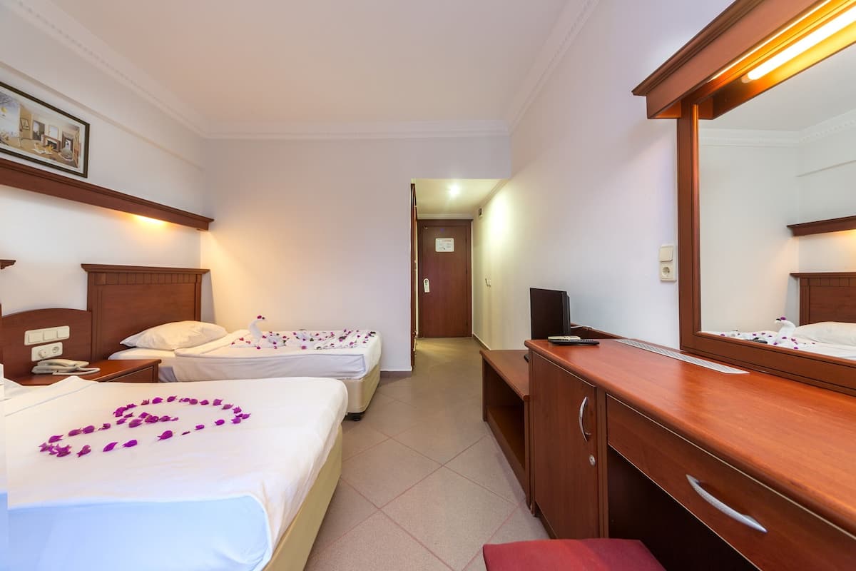 A hotel room with two beds, a wooden dresser, a mirror, and a television.