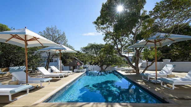 A swimming pool with sun loungers and umbrellas, surrounded by trees and a wooden deck. - The Old Rectory (Plettenberg Bay)