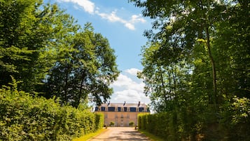 A pathway leading to a building surrounded by lush greenery.