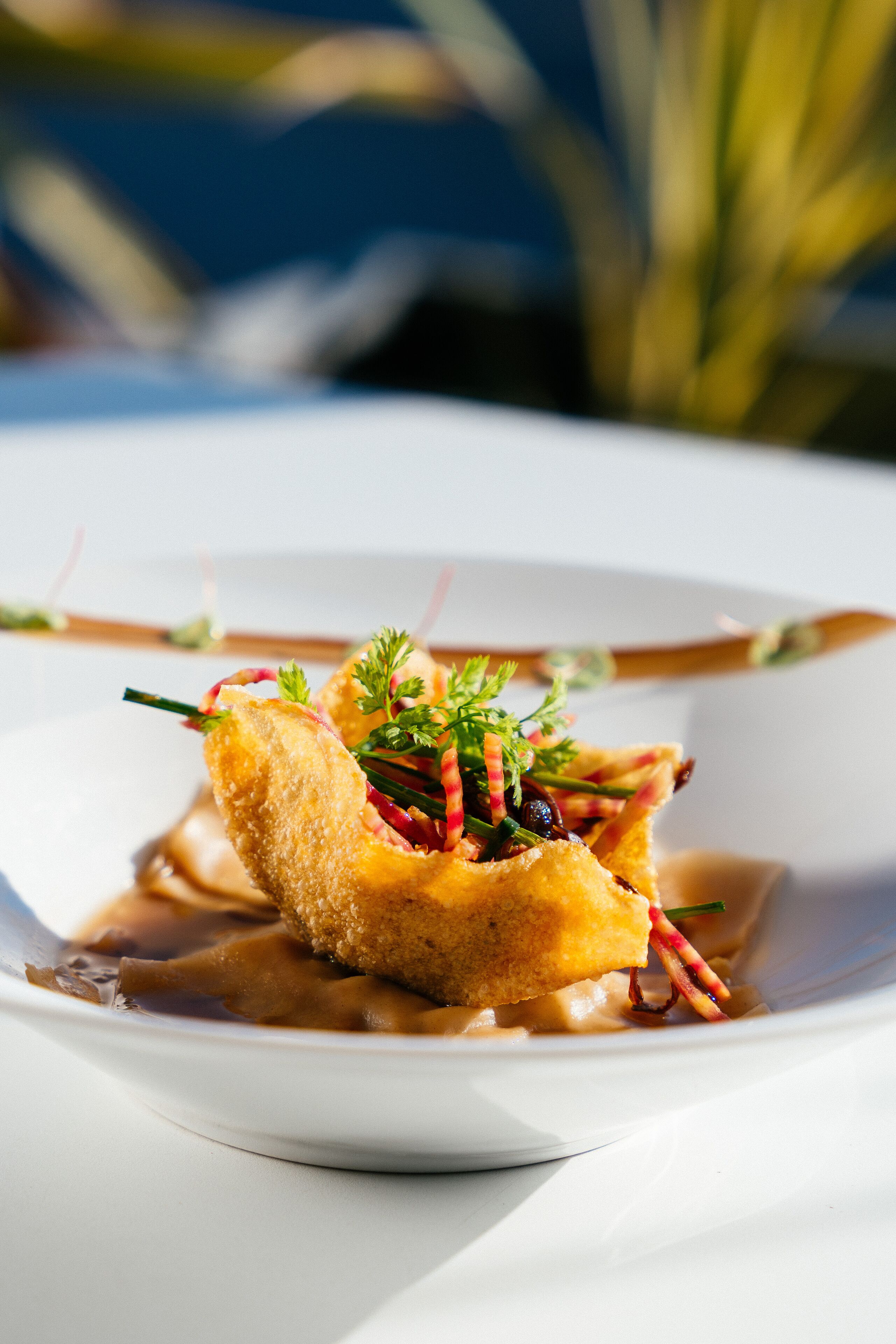 A plated dish with a golden-brown item, garnished with green herbs and red accents, served on a white plate with a sauce.