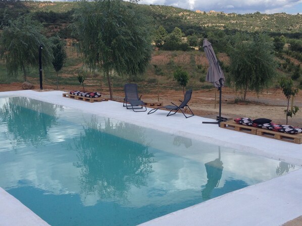 Seasonal outdoor pool, a rooftop pool, pool loungers