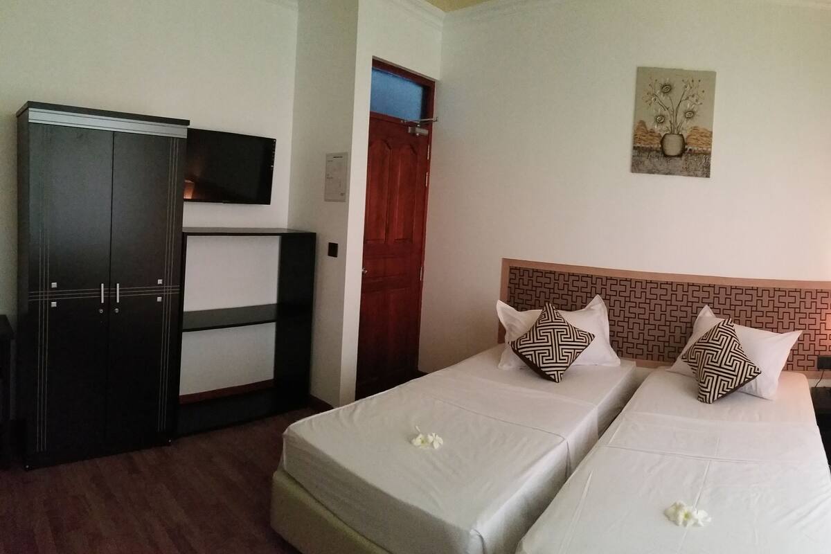 Habitación de hotel con dos camas, un armario, un televisor, una puerta y una obra de arte colgada en la pared.