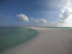 شاطئ خاص، رمال بيضاء، كراسي للتشمس، مظلات الشاطئ