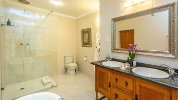 A bathroom with two sinks, a large mirror, a shower, and a toilet.