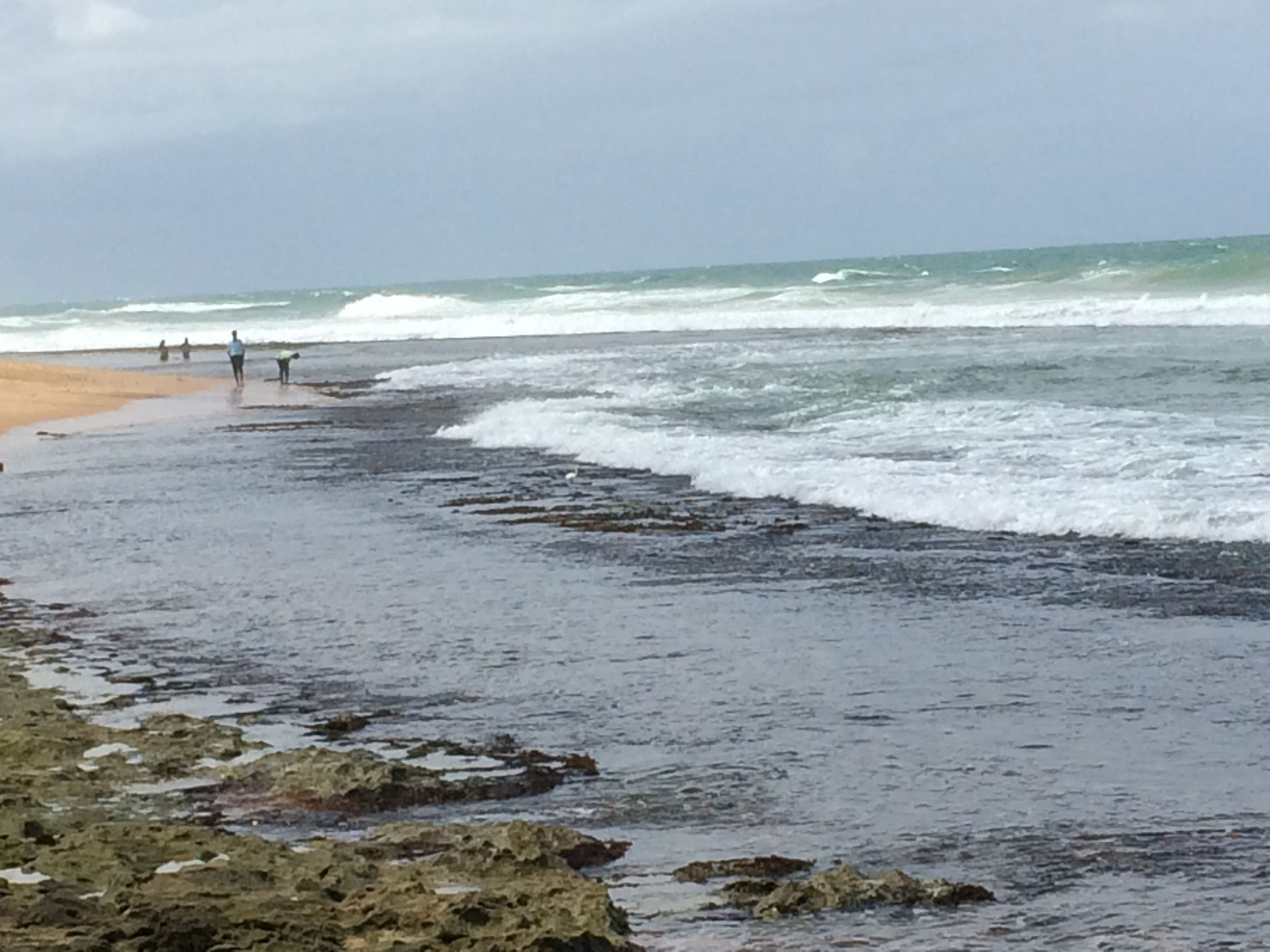 Una spiaggia con costa rocciosa e onde che si infrangono sulla riva.
