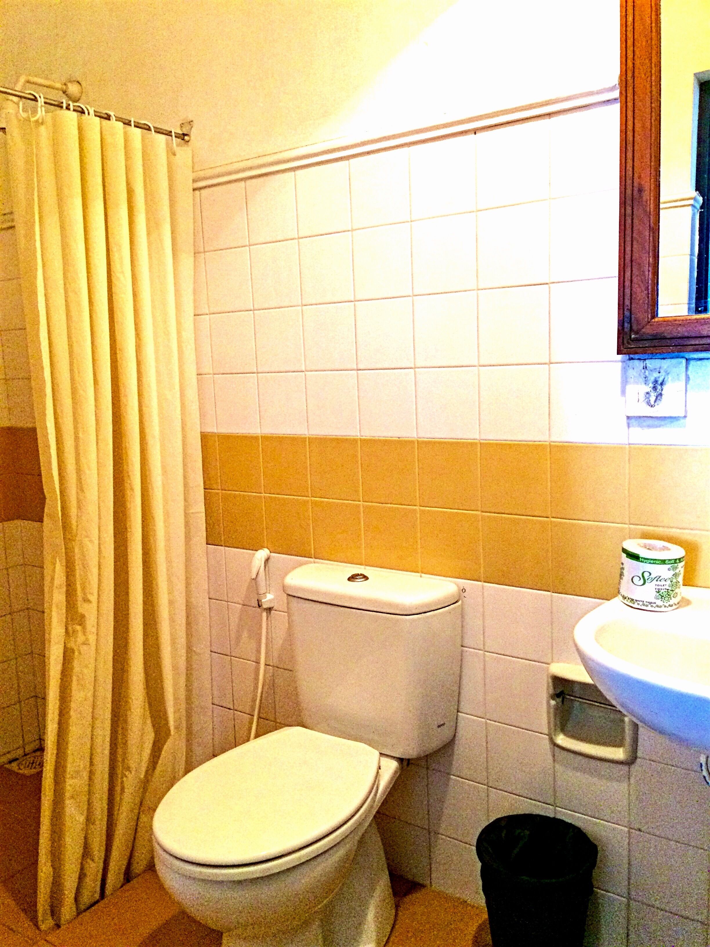 A bathroom with a toilet, a sink, and a shower curtain.
