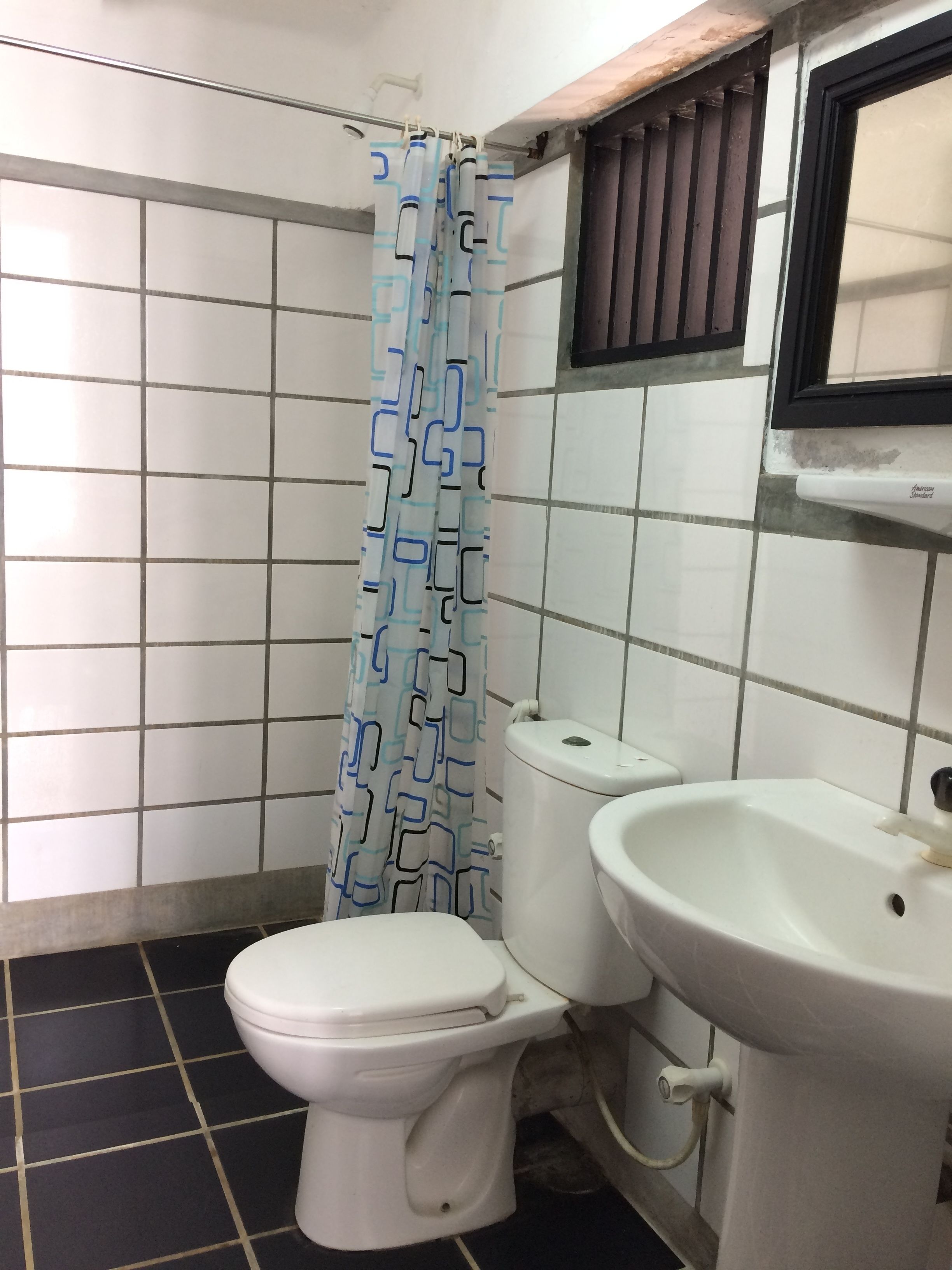 A bathroom with a toilet, a sink, and a shower curtain.