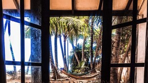 A view through a window with a hammock and palm trees outside. - Turtles Rest and Curry Bowl (Hikkaduwa)