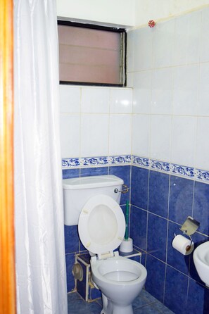 Un bagno con il water, un lavandino e una tenda per la doccia.