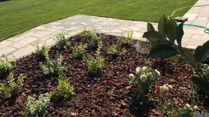 Un césped cuidado con un muro de piedra y un parterre en primer plano.