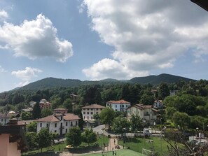 Ein Wohngebiet mit Häusern, einem Park und einem Berg im Hintergrund.
