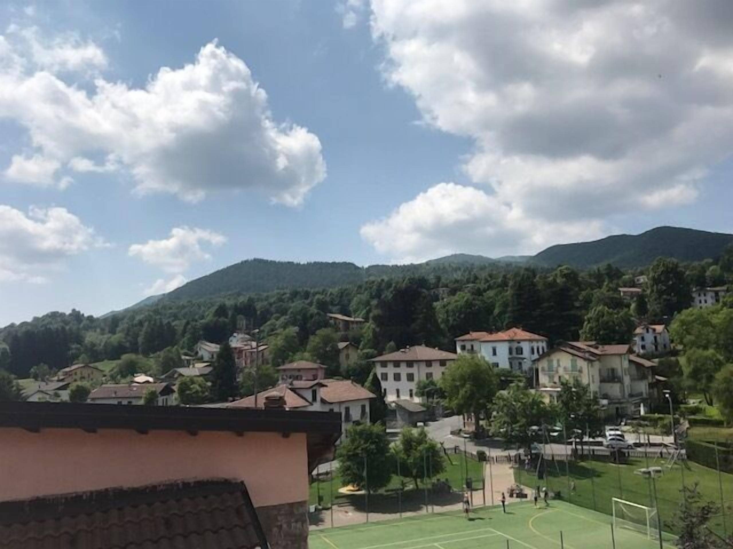 A residential area with houses, a green field, and mountains in the background.