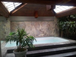 A spa area with a stone wall, a pool, and a potted plant. - Hotel Manta (Pelotas)