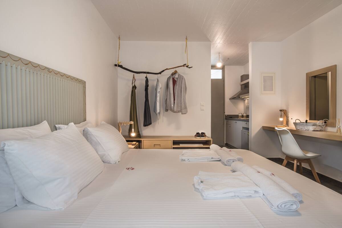 Habitación de hotel con una cama grande, un escritorio con silla y un perchero.