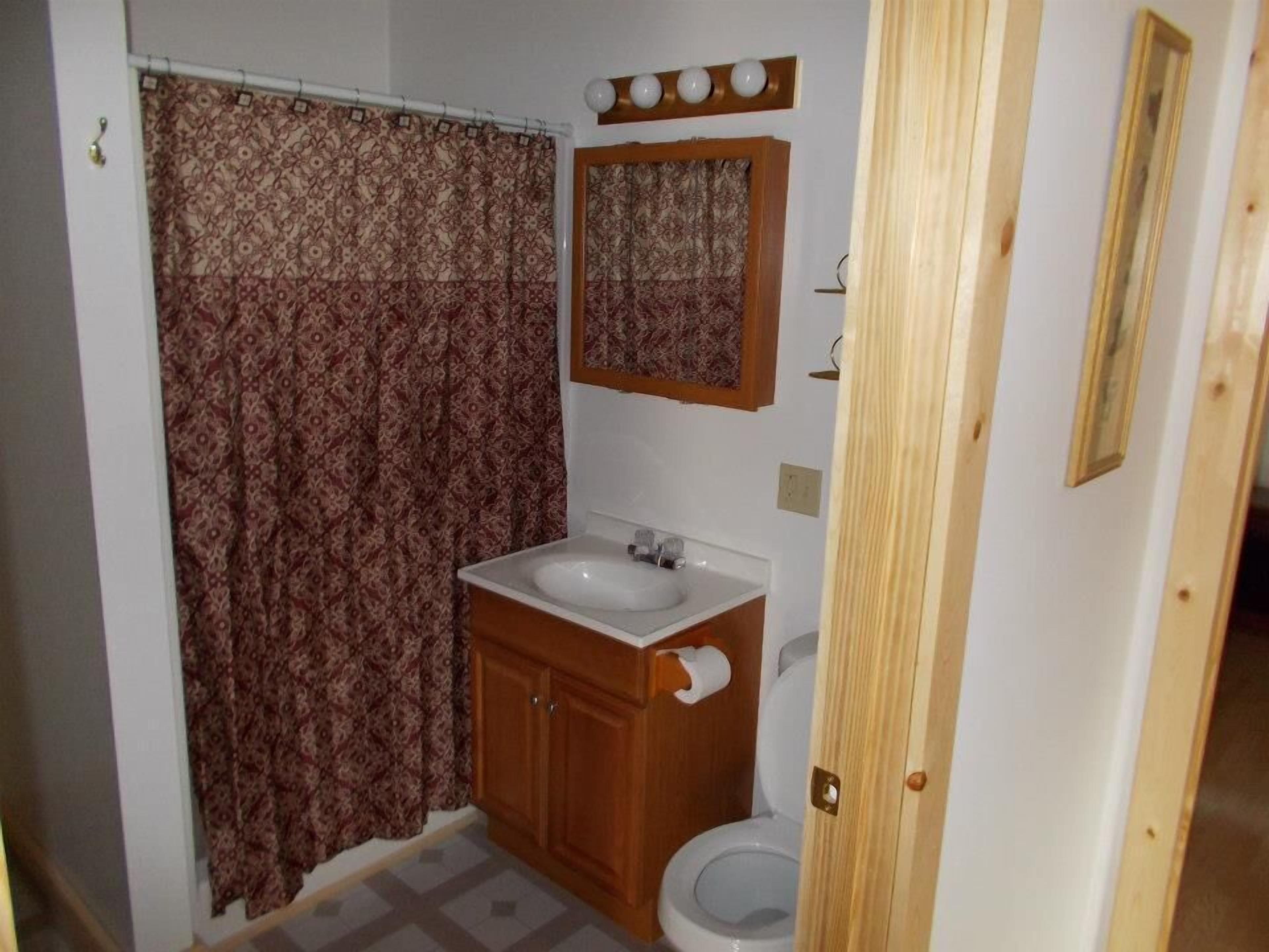 A small bathroom with a shower curtain, a sink, a mirror, and a toilet.