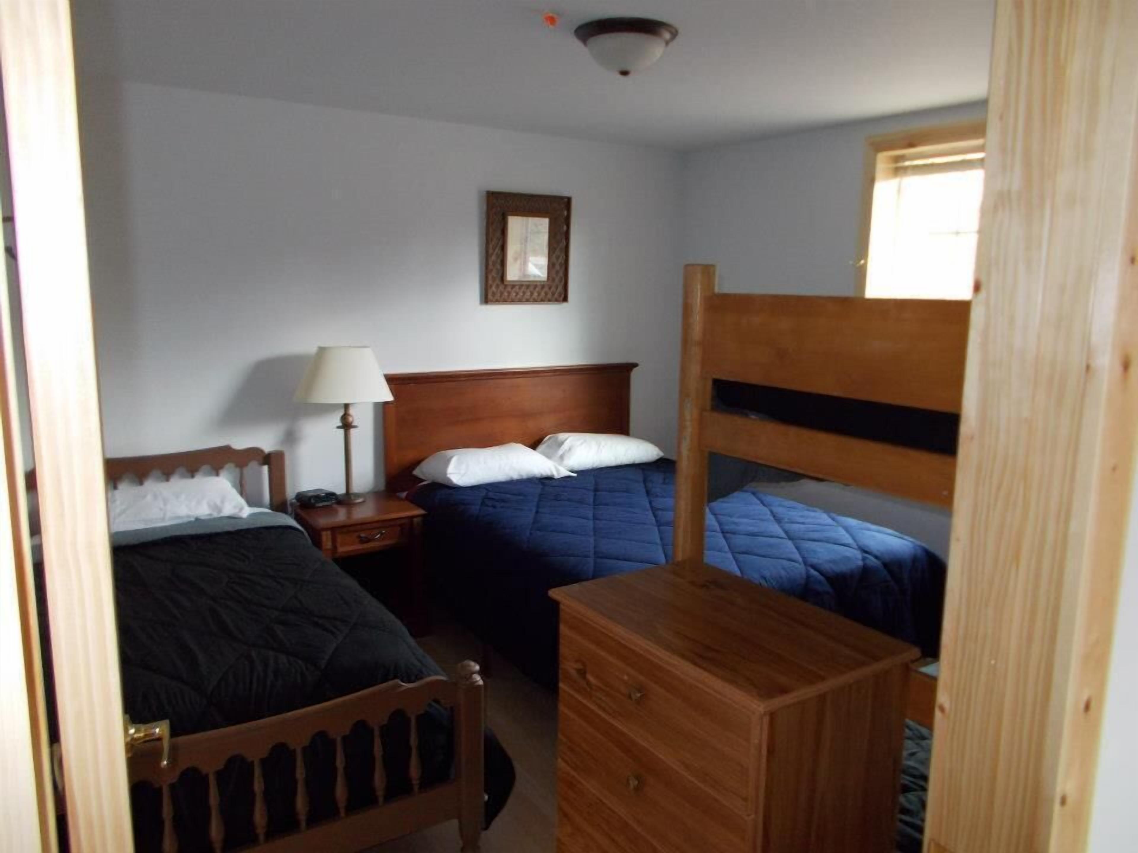 A room with two beds, a wooden dresser, a nightstand with a lamp, and a framed picture on the wall.