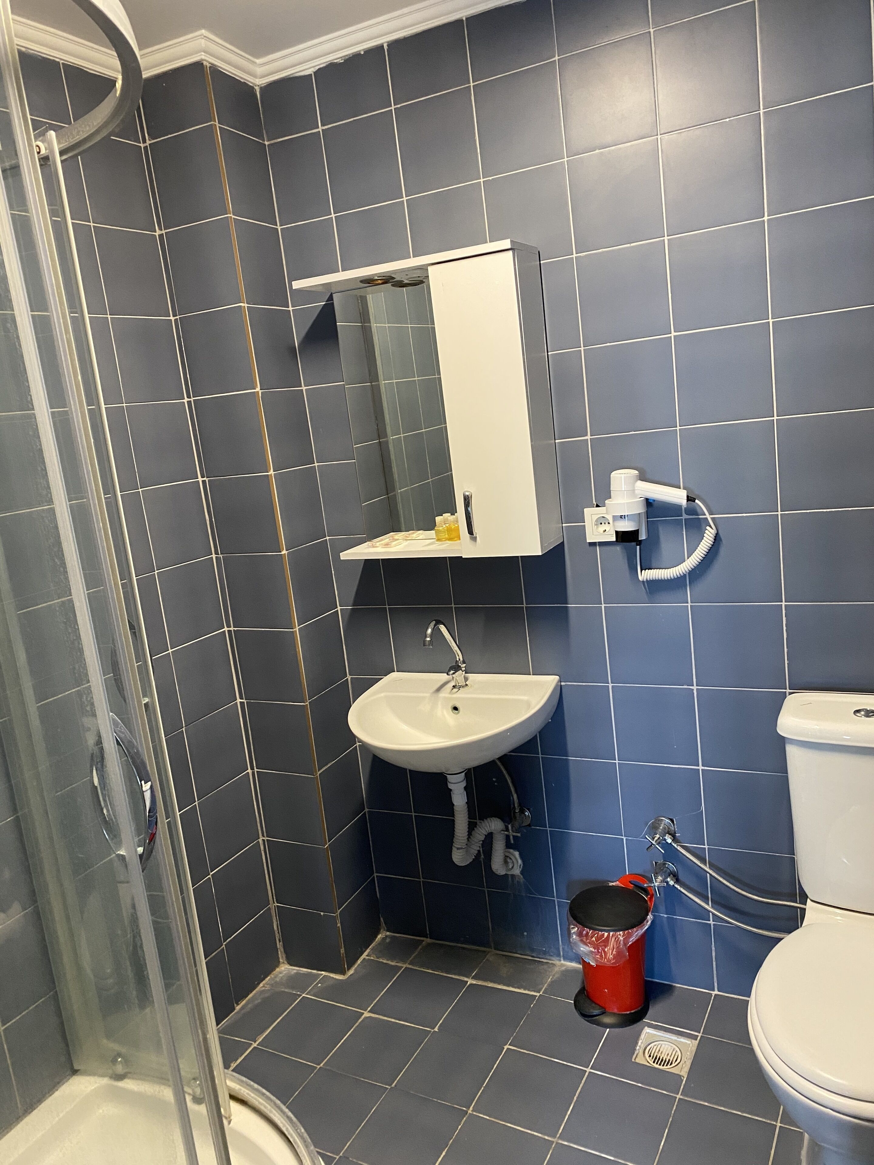 A bathroom with a shower, sink, and toilet.