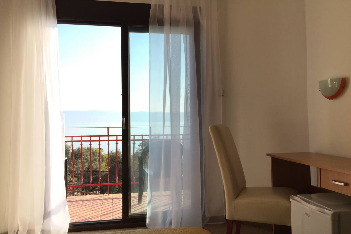 standard double room, balcony, sea view | living area | flat-screen tv