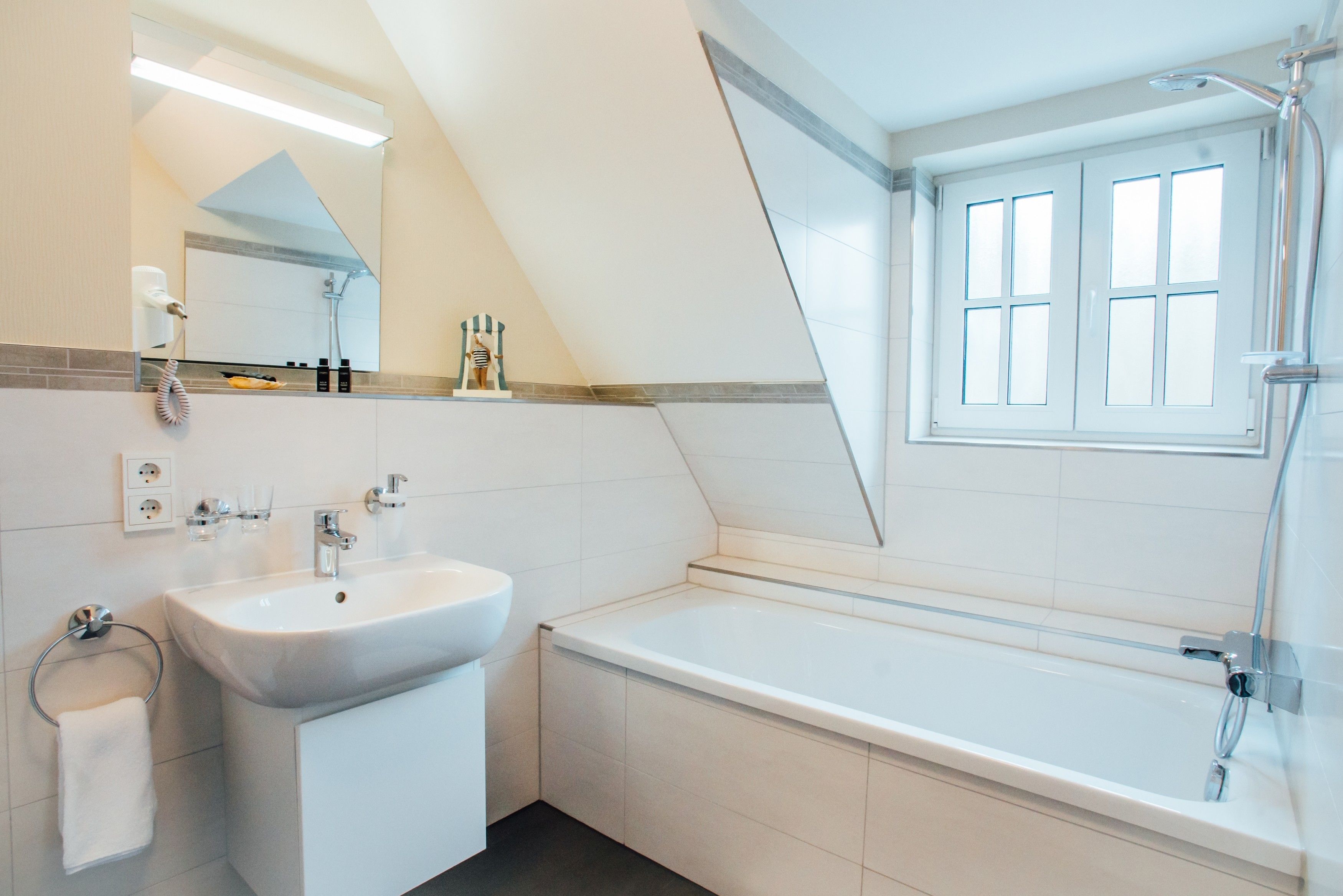 free toiletries, hair dryer, towels