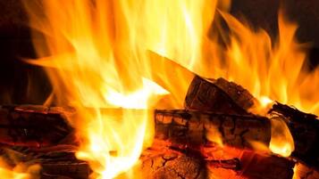 Primer plano de un fuego con leña ardiendo y llamas.