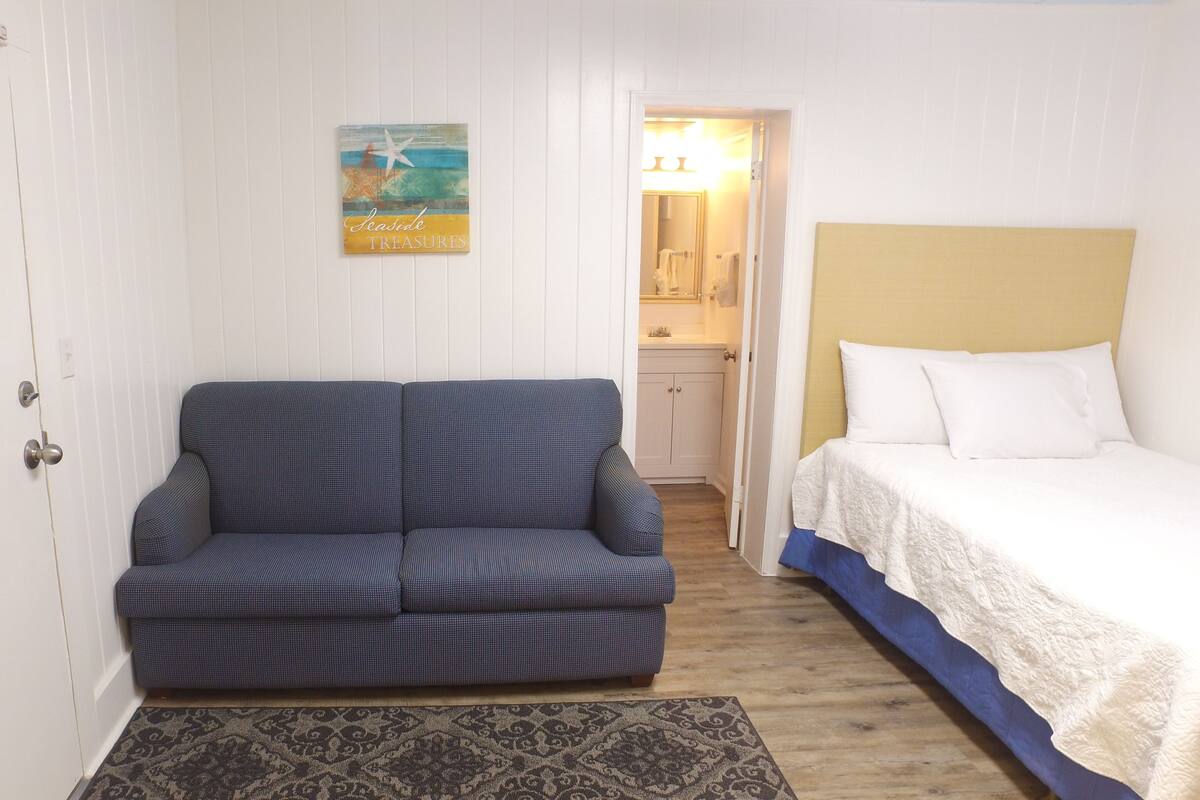 A room with a sofa, a bed, a patterned rug, and a wall with a poster.