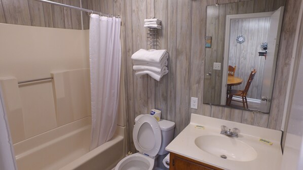 Une salle de bain équipée d’une douche, de toilettes, d’un lavabo et d’un miroir qui reflète une chaise et une porte.
