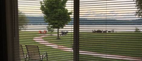 Habitació amb un gran finestral que donen a una zona verda, un arbre i un cos d'aigua.
