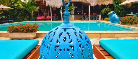 Outdoor pool, pool umbrellas, pool loungers