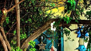 Una puerta azul con detalles decorativos y un adorno con forma de estrella.