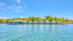 A row of overwater bungalows with clear blue water in the foreground and palm trees in the background.