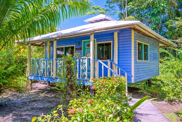 A small, single-story house with a blue exterior and a porch. - Cosmic Crab Resort (Bocas del Toro)