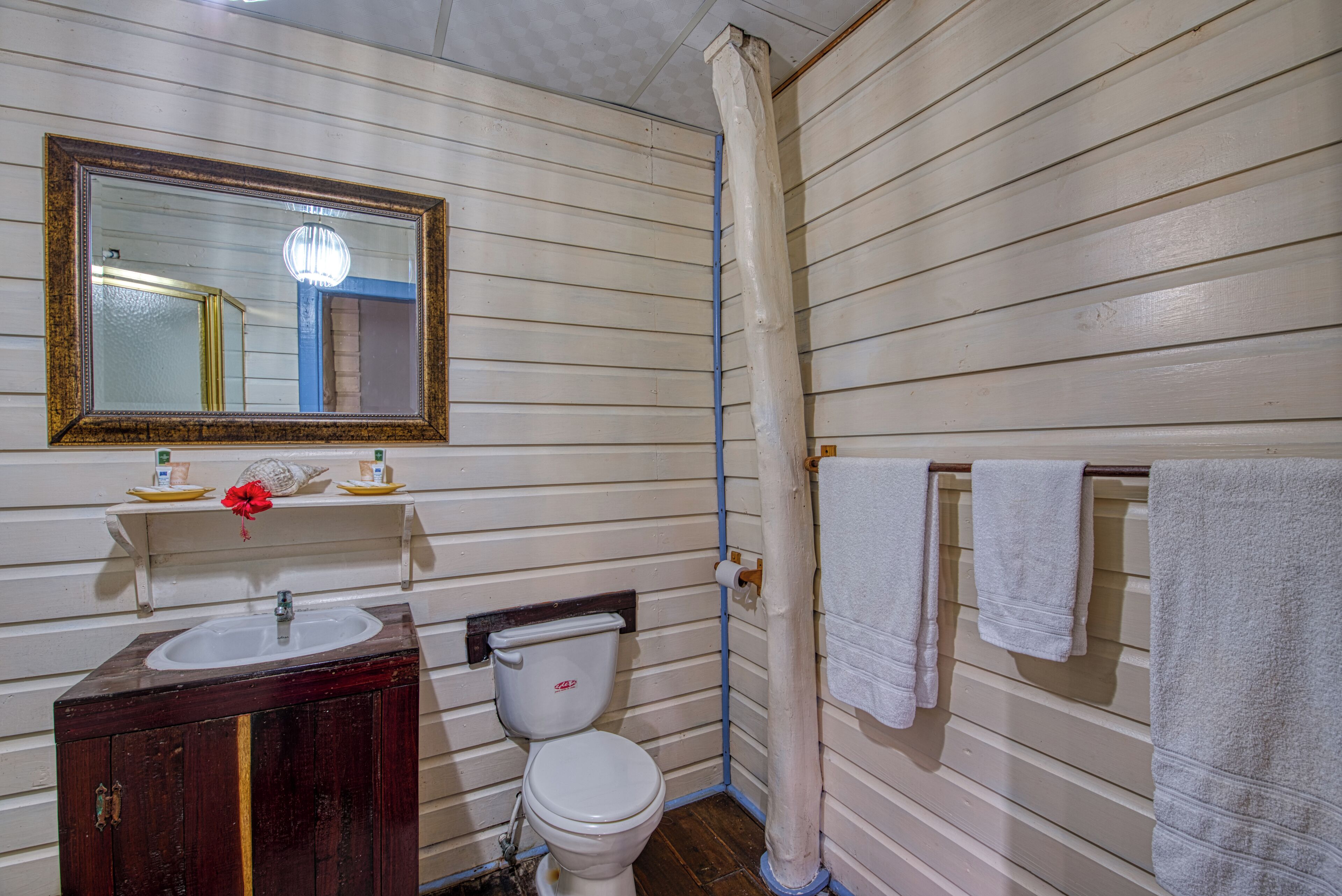 Une salle de bain avec un meuble-lavabo en bois, un lavabo blanc, des toilettes et un miroir avec un cadre doré.
