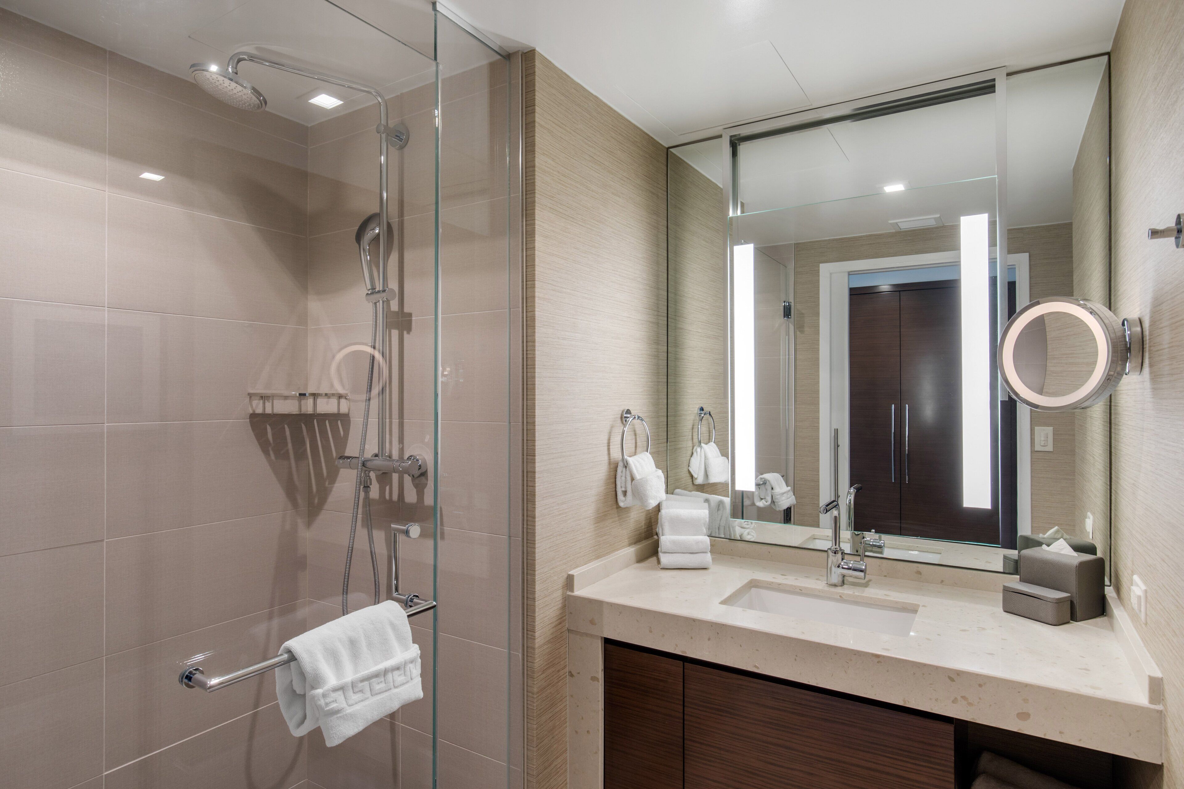A modern bathroom with a glass-enclosed shower, a large mirror, and a vanity with a sink and towel rack.
