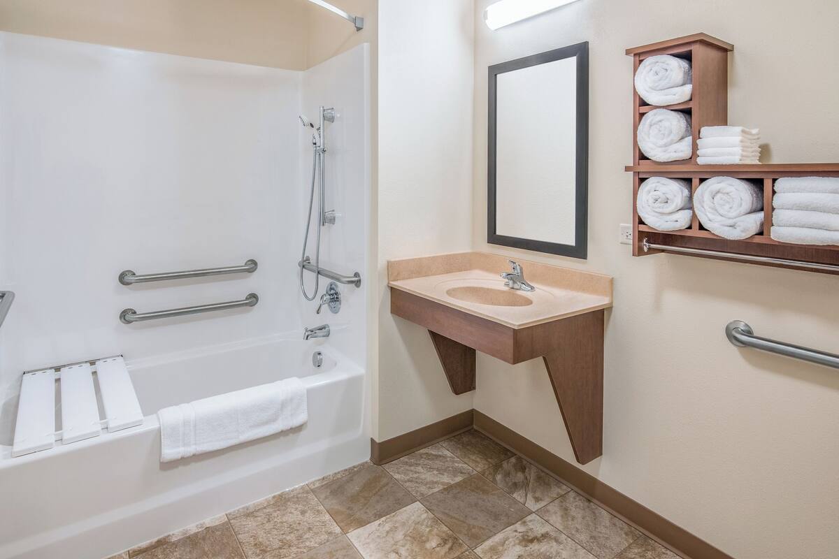 combined shower/bathtub, free toiletries, hair dryer, towels