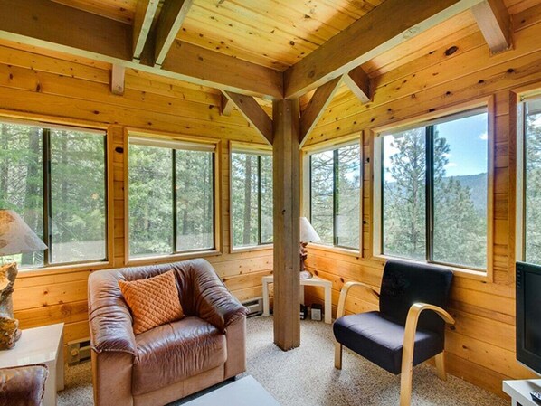 A cabin interior with a wooden ceiling, large windows, a leather sofa, a chair, and a small table. - Crow`s Nest - Fun Treetop Design (Leavenworth)