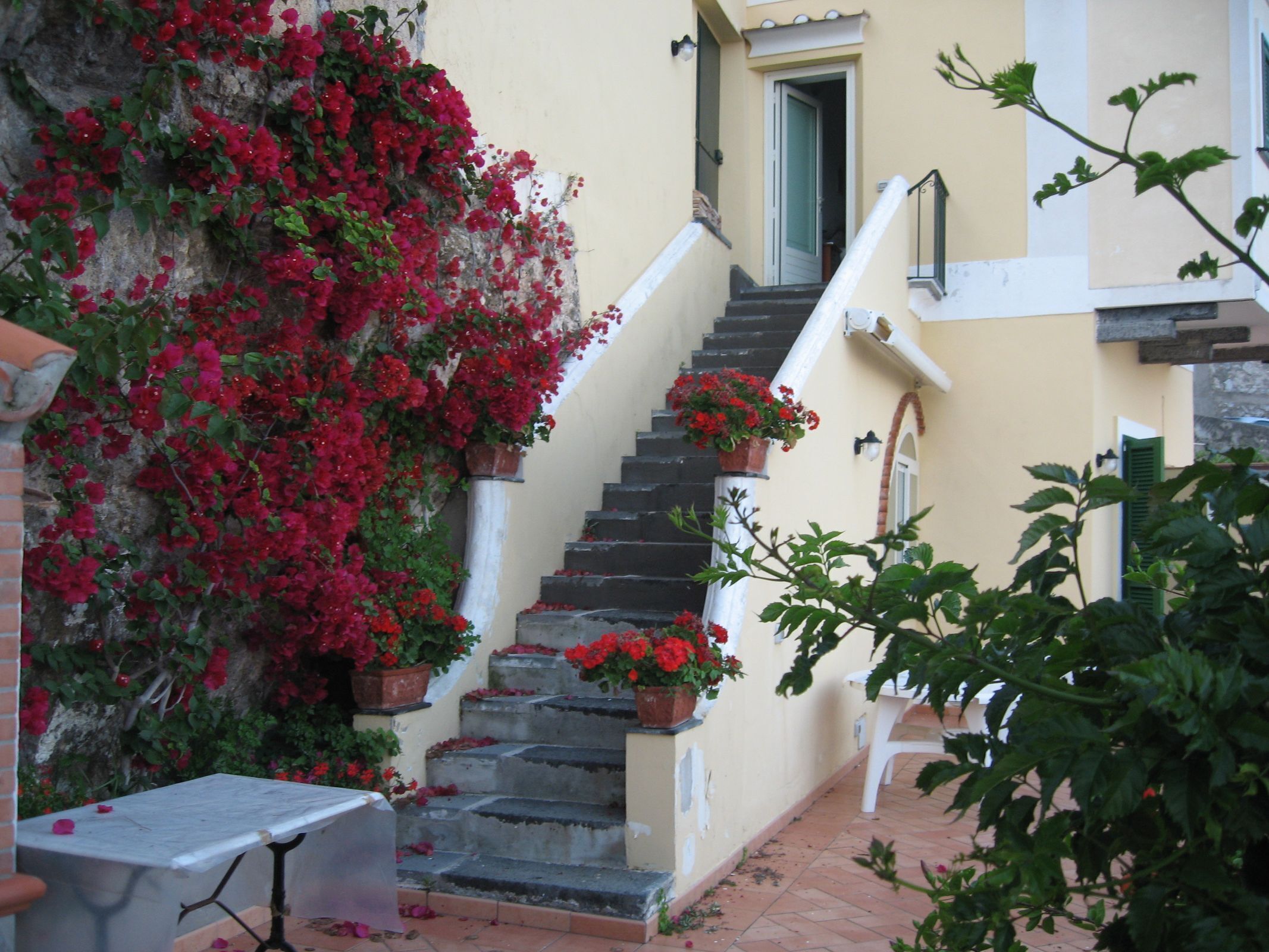 Uma escadaria com flores vermelhas, uma mesa e uma porta.