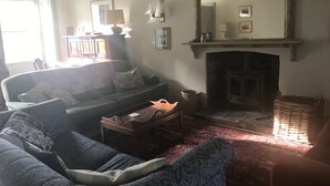 A living room with a fireplace, a sofa, a coffee table, and a rug.