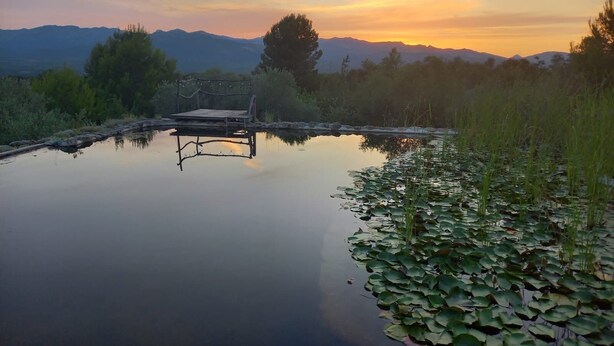 A serene lakeside setting with a wooden dock and a bench, surrounded by lush greenery and mountains in the background. - An off-grid cabin for two, with views of the Els Ports Mountain range   (Tivenys)